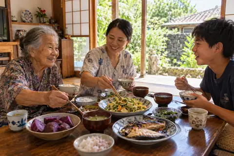 Okinawai család az asztalnál, otthon